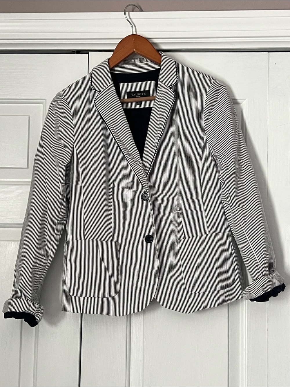 Talbots Navy and White Striped Cotton Blazer